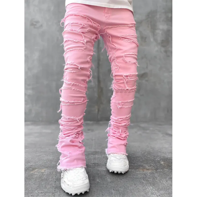 Men Trousers Individual Patched Pants Long Tight Fit Stacked Jeans For Mens Clothing - Image 4