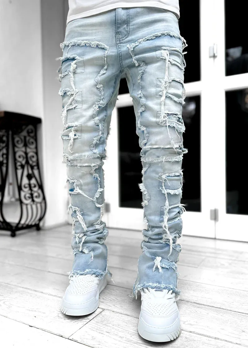 Men Trousers Individual Patched Pants Long Tight Fit Stacked Jeans For Mens Clothing - Image 5