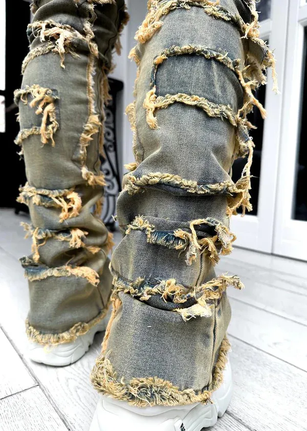 Men Trousers Individual Patched Pants Long Tight Fit Stacked Jeans For Mens Clothing - Image 15