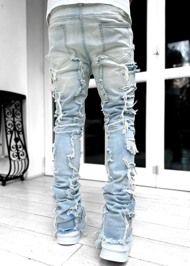 Men Trousers Individual Patched Pants Long Tight Fit Stacked Jeans For Mens Clothing - Image 6