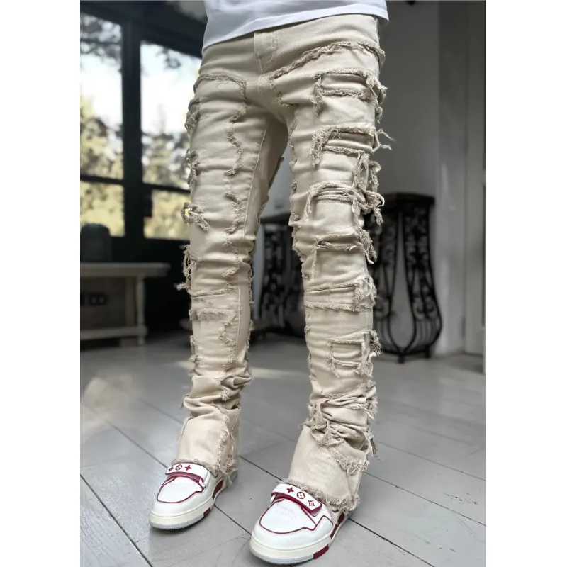 Men Trousers Individual Patched Pants Long Tight Fit Stacked Jeans For Mens Clothing - Image 18